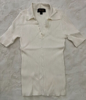 Truth By Republic Ribbed Knit Sweater Top Womens M White Collared V Neck Shirt